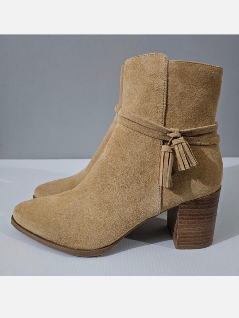 Jack Rogers Timber Ankle Boot Women 9.5 Sand Suede Tassel Western Block Heel NEW